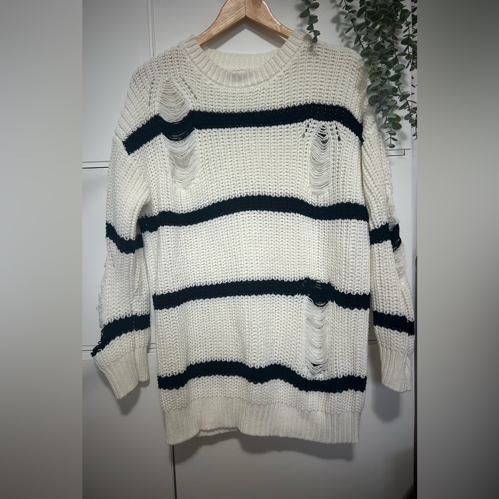 Sage the Label Distressed Striped Sweater in Black and White